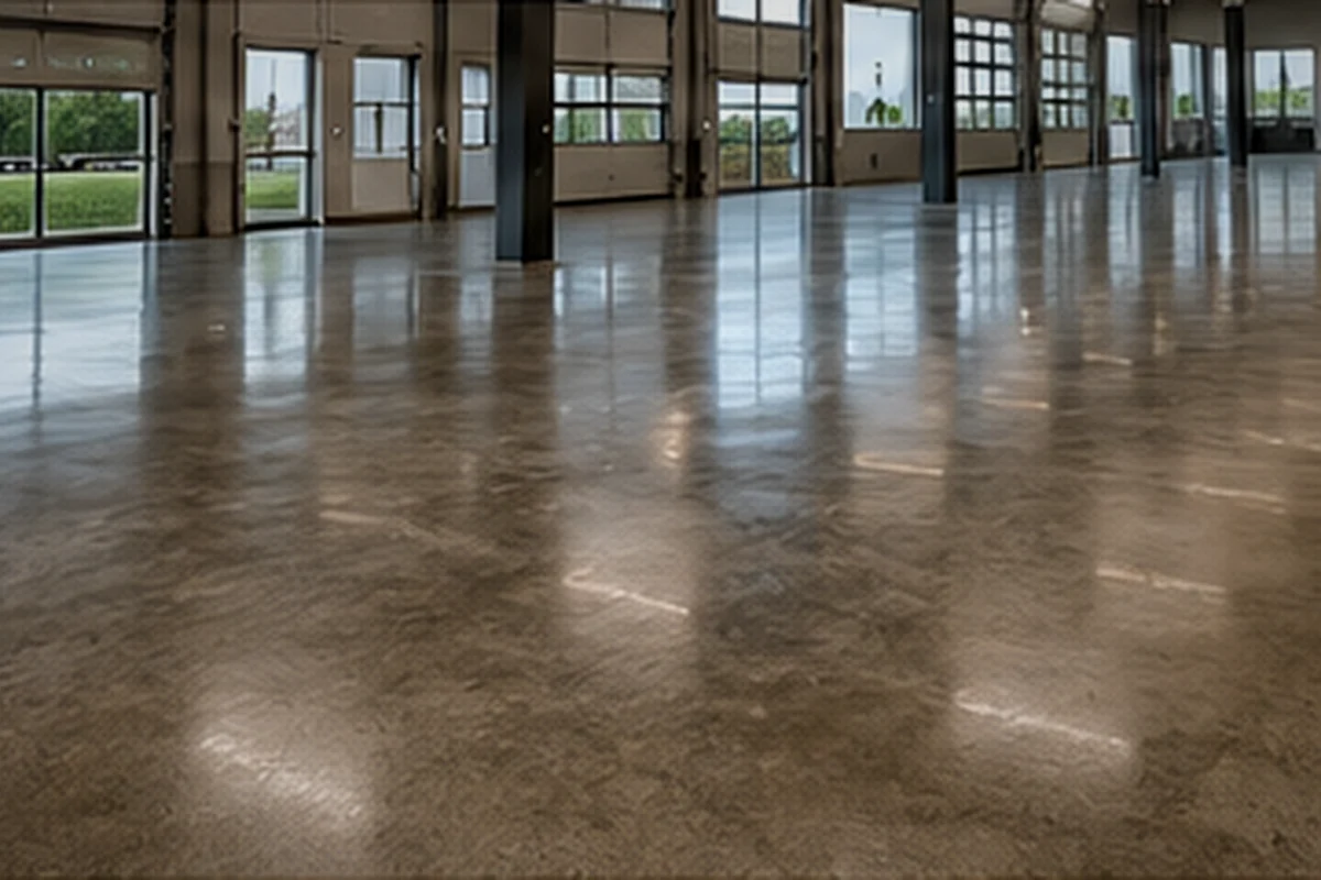 Polished concrete floor with a high-gloss reflective finish in a commercial interior