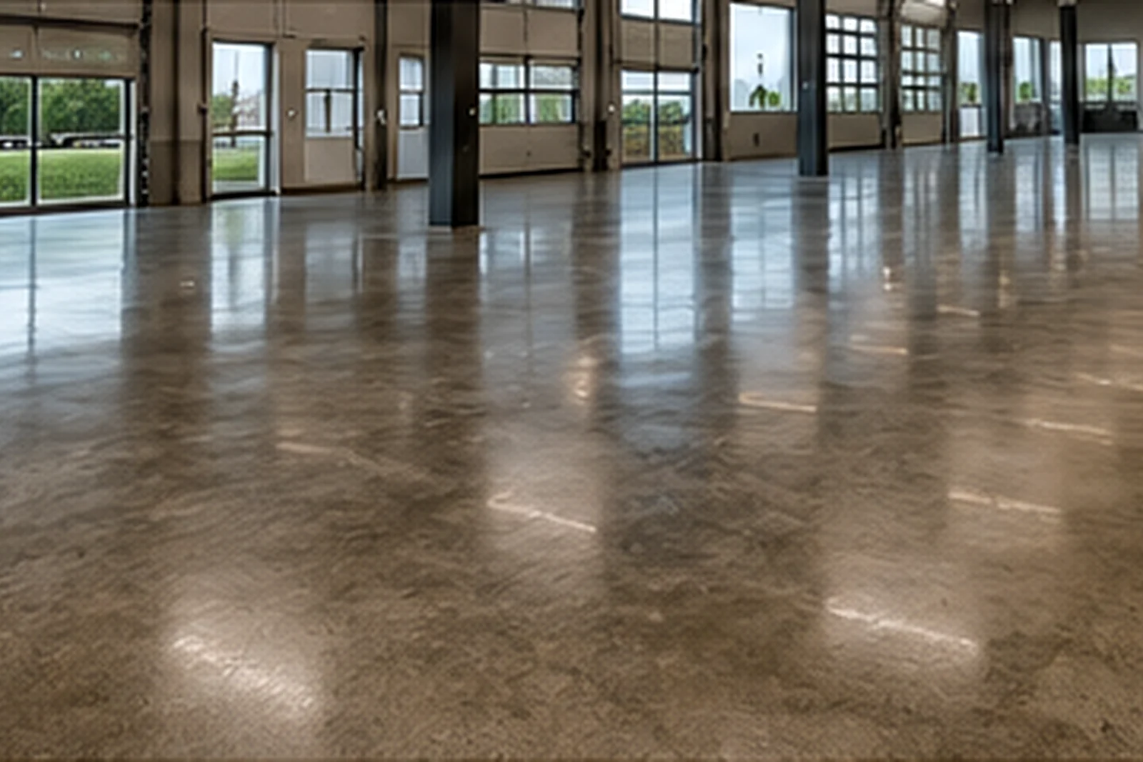Polished concrete floor with a high-gloss reflective finish in a commercial interior