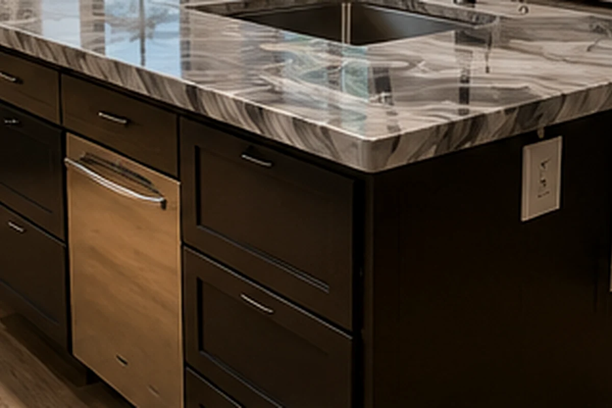 Glossy marble-look epoxy countertop surface in a modern kitchen