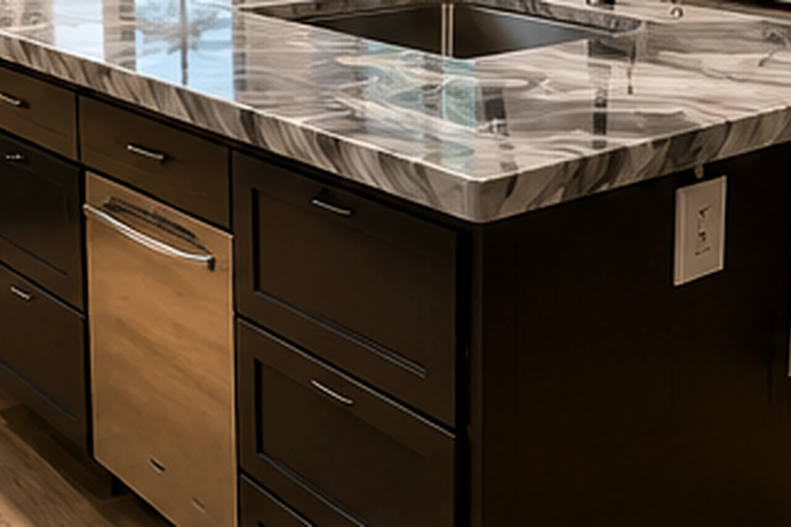 Glossy marble-look epoxy countertop surface in a modern kitchen