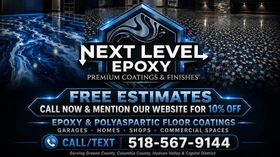 Next Level Epoxy free estimates and 10 percent off website promotion