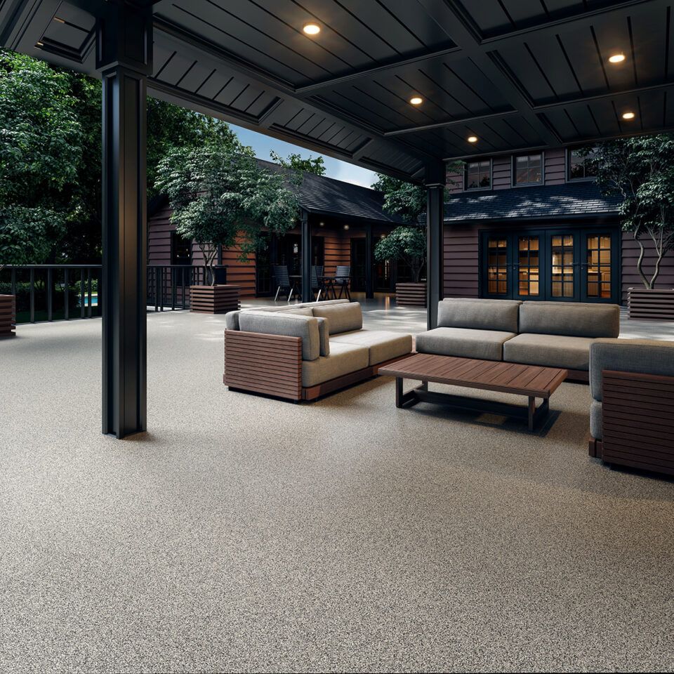 Covered outdoor patio with a durable decorative flake floor coating